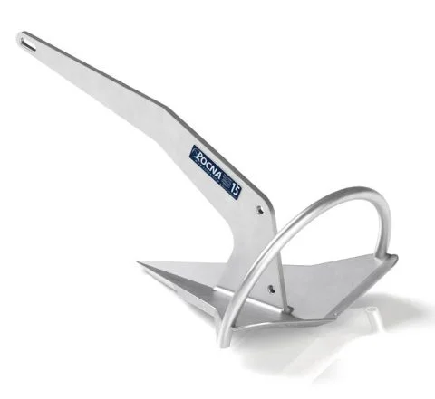 Galvanised Rocna 15 anchor with its roll bar, concave fluke and long shank