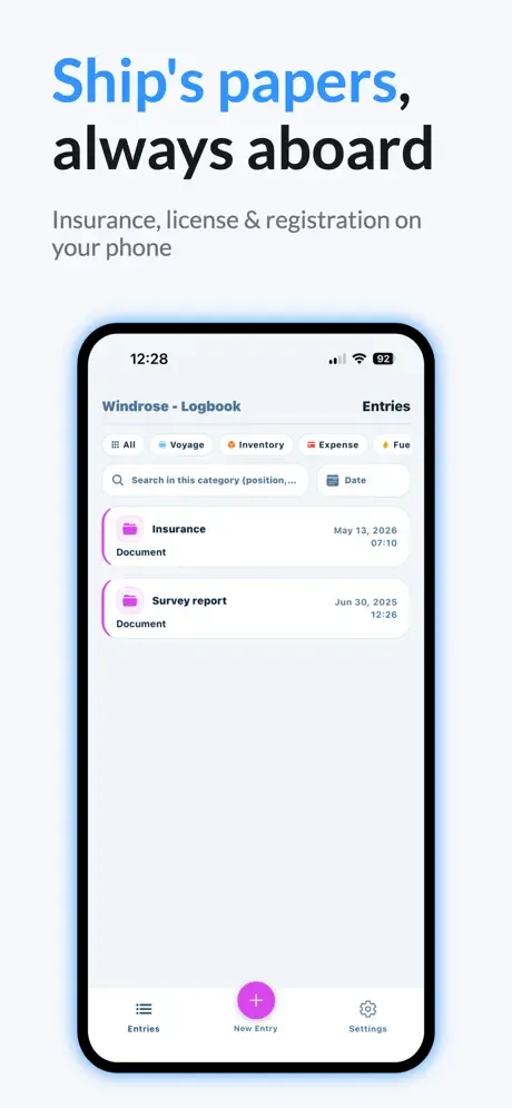 Document list showing insurance and survey report stored in the app