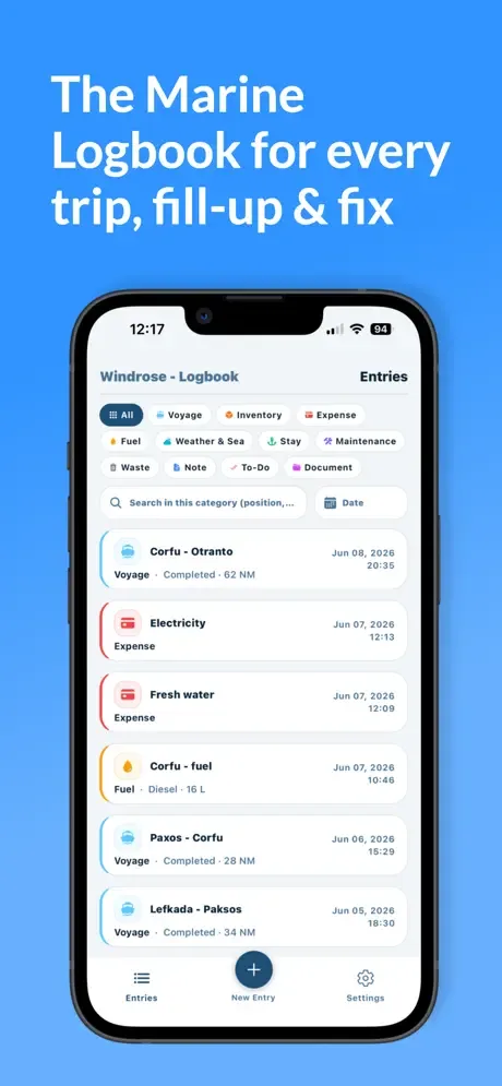 Marine Logbook entries list showing voyages, expenses and fuel in one feed