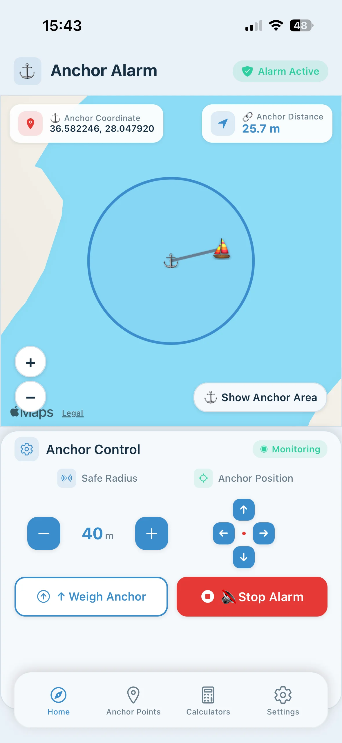 GPS anchor monitoring with live distance tracking