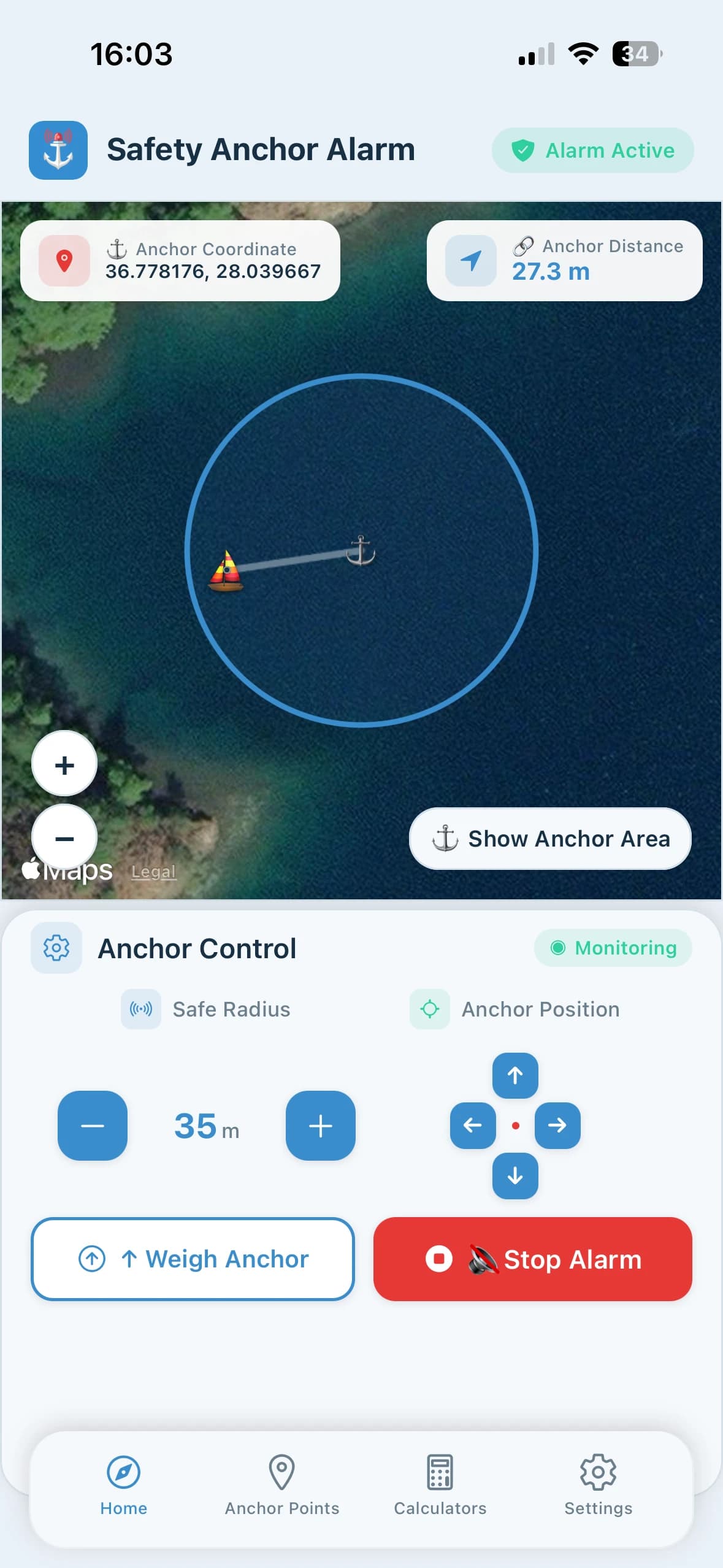 Safety Anchor Alarm - Active monitoring with satellite map view