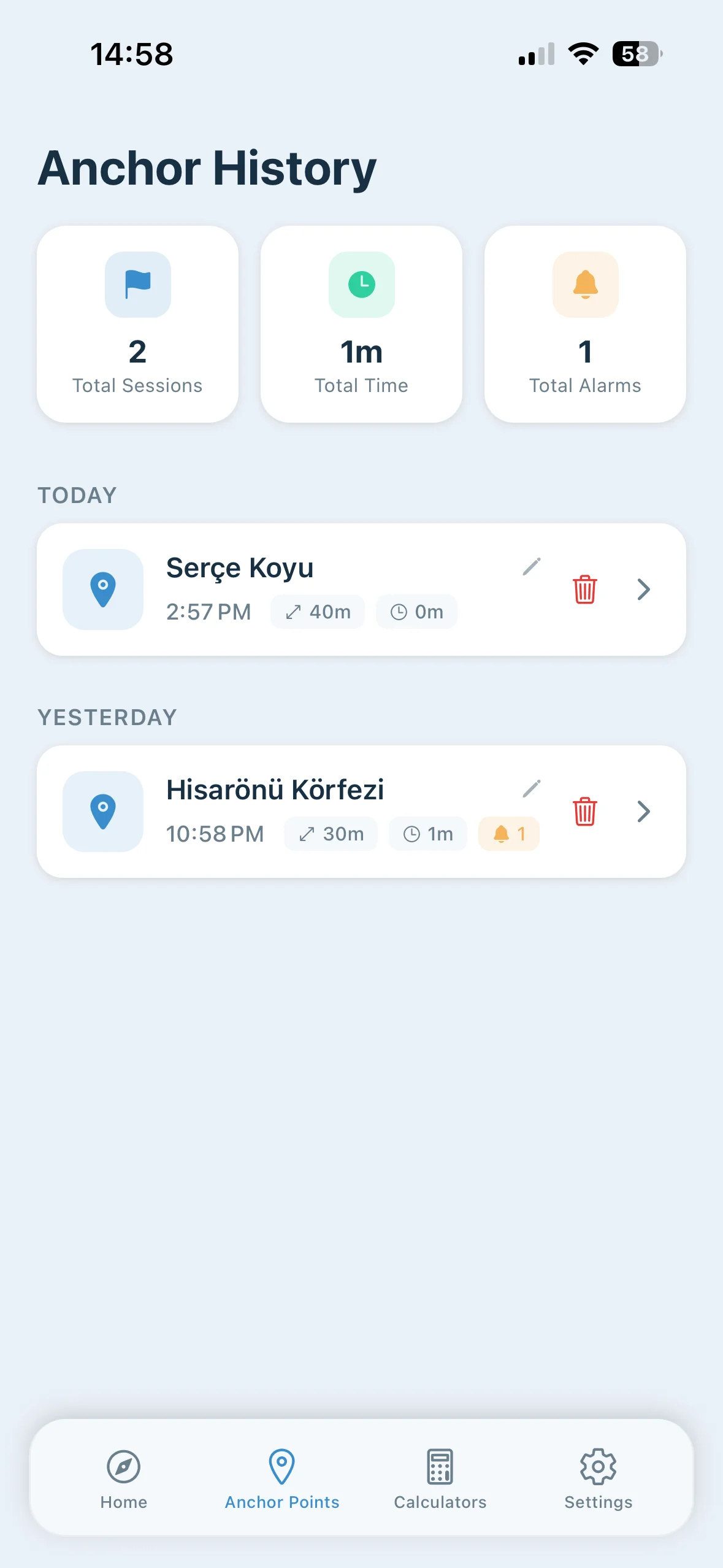 Anchor points history with saved anchorages
